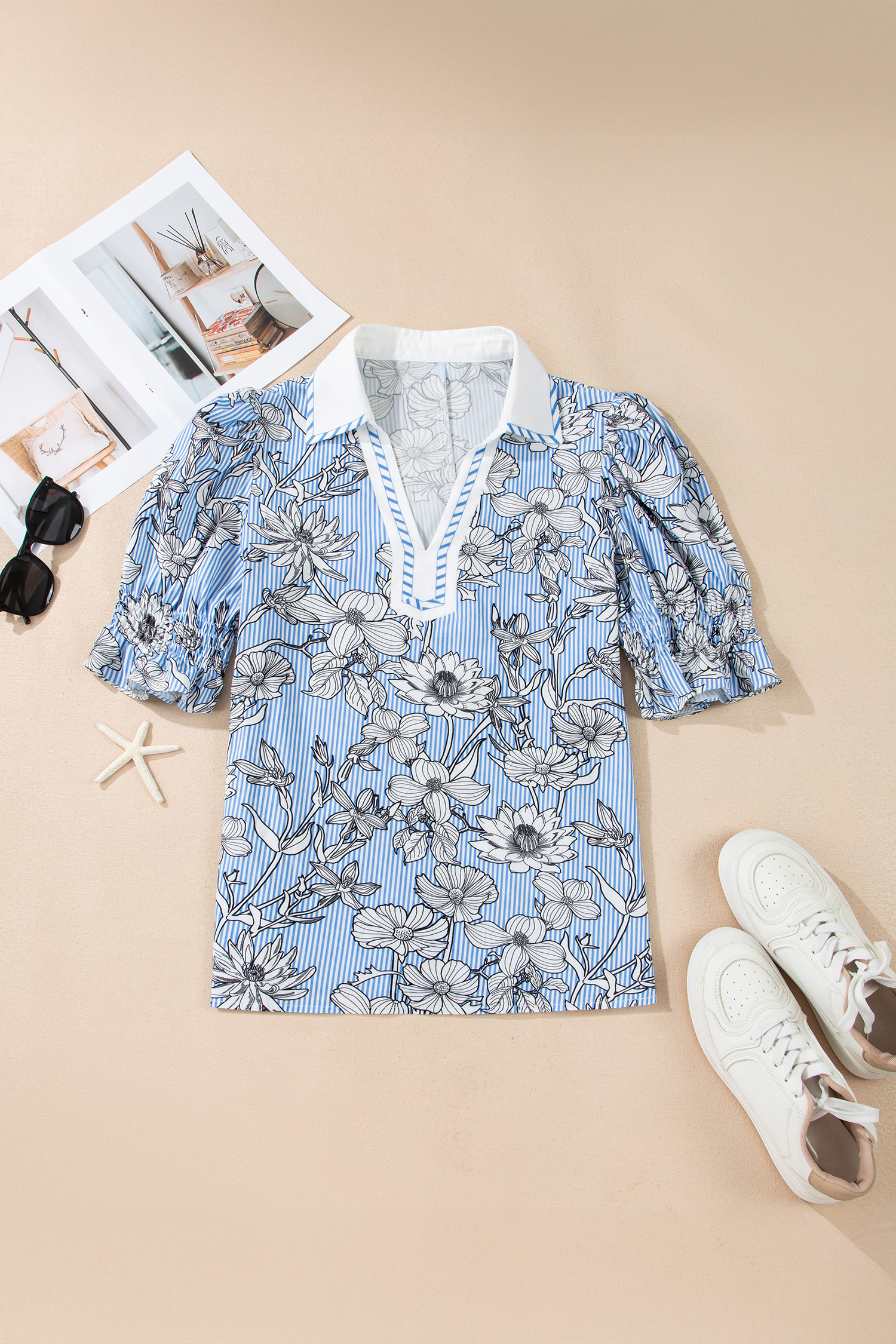 Chic Sky Blue Floral Polo Collar Blouse – Perfect Short Sleeve Top for Summer Vacations - Detail View 3 Chic Sky Blue Floral Polo Collar Blouse – Perfect Short Sleeve Top for Summer Vacations - Detail View 3