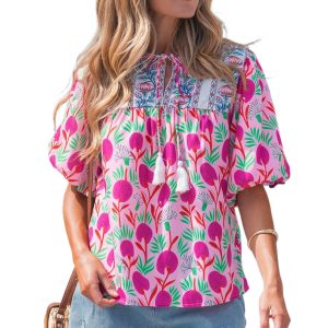 Women's Pink Floral Puff Sleeve Blouse – Southern Belle Patchwork Top with Tassel Tie V-Neck - Main View