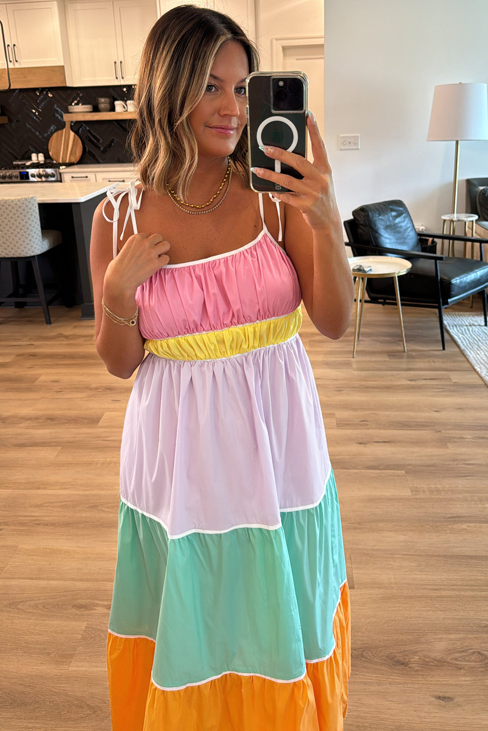 Women's Maxi Dress, Multicolor, Colorblock Design, High Waist, Flowy Dress, Self-Tie Straps, Casual Outings, Special Occasions, Sleeveless, Summer Fashion, Comfortable Fit, Functional Pockets, A-Line Silhouette, Vacation Wear - Detail View 4 Women's Maxi Dress, Multicolor, Colorblock Design, High Waist, Flowy Dress, Self-Tie Straps, Casual Outings, Special Occasions, Sleeveless, Summer Fashion, Comfortable Fit, Functional Pockets, A-Line Silhouette, Vacation Wear - Detail View 4