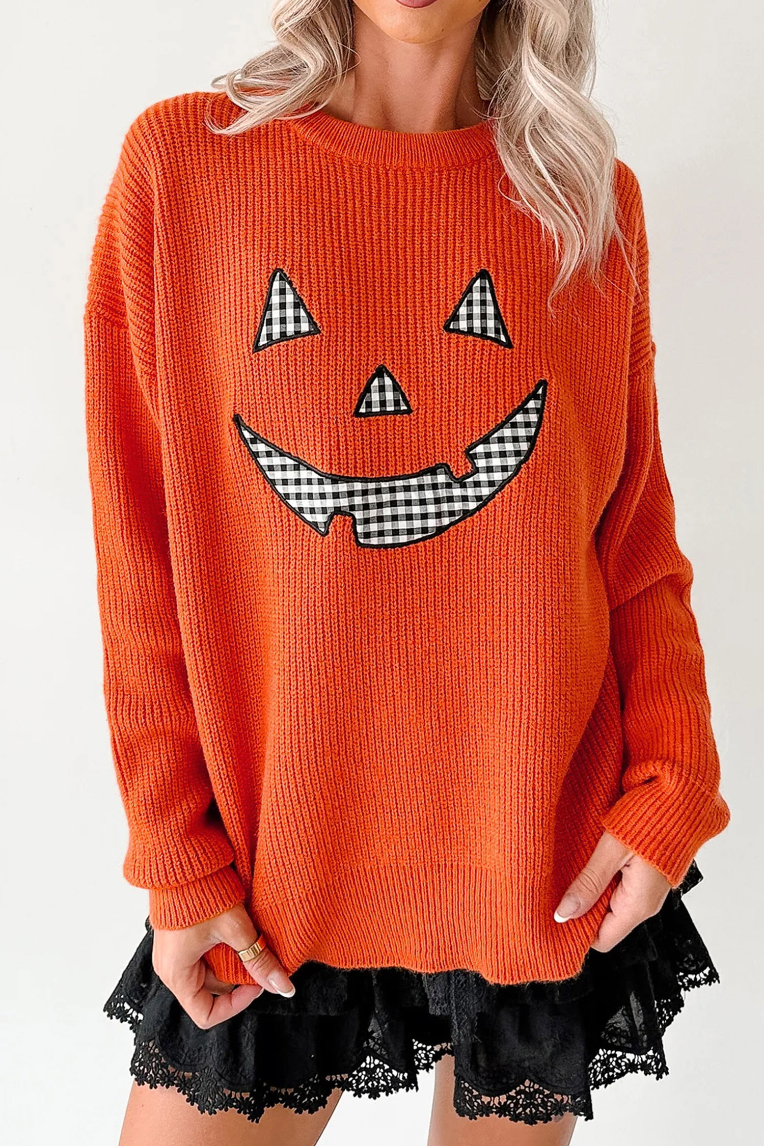 Women's Round Neck Fall Sweater, Cozy Orange Holiday Knit - Detail View 12 Women's Round Neck Fall Sweater, Cozy Orange Holiday Knit - Detail View 12
