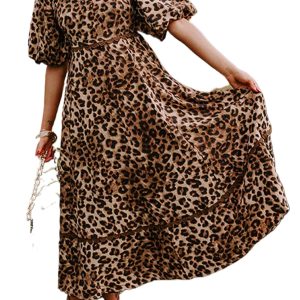 Brown Leopard Print Bubble Sleeve Square Neck Maxi Dress for Women - Main View