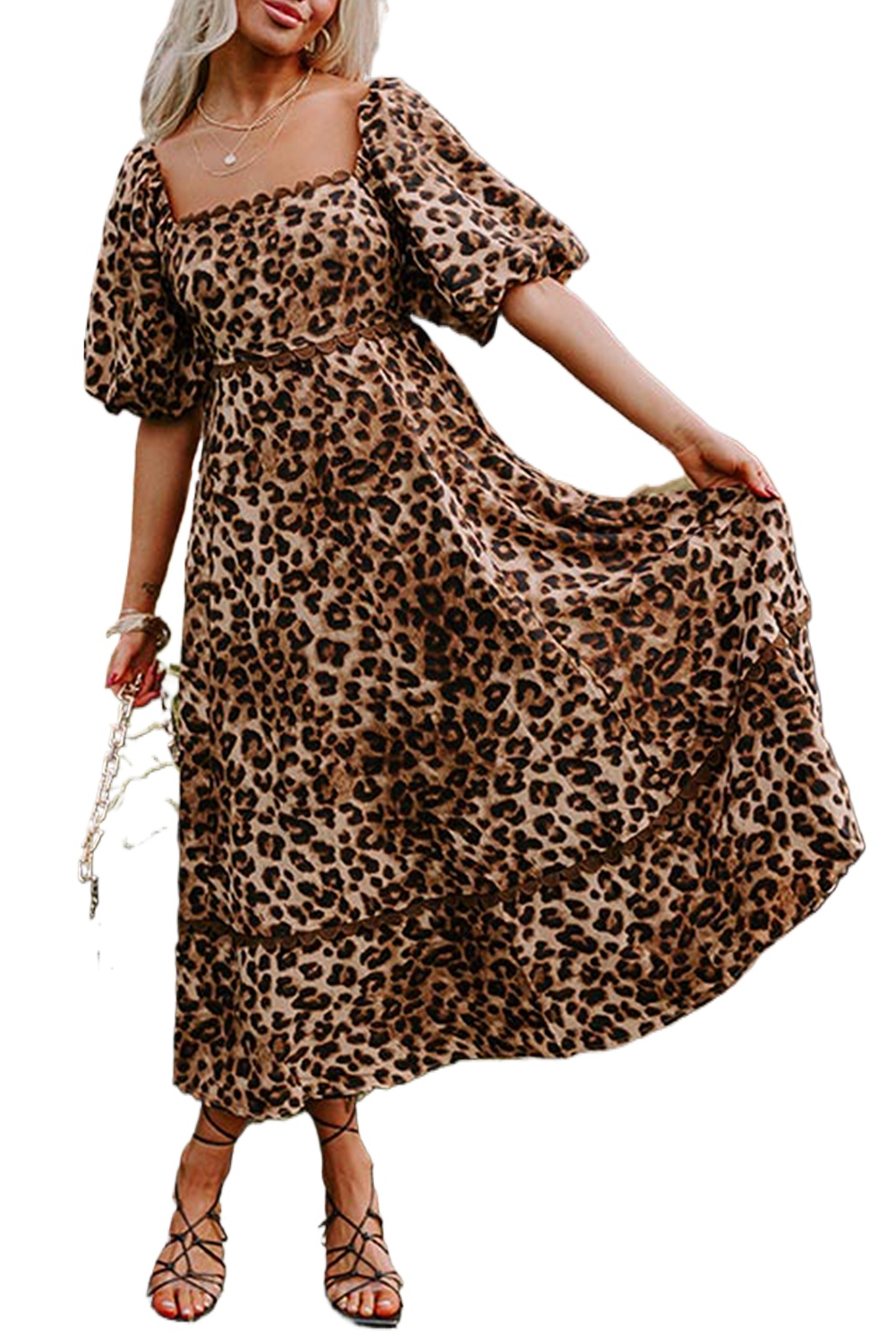 Brown Leopard Print Bubble Sleeve Square Neck Maxi Dress for Women - Main View Brown Leopard Print Bubble Sleeve Square Neck Maxi Dress for Women - Main View