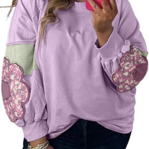 Plus Size Phalaenopsis Flower Patch Colorblock Pullover Top for Women - Main View