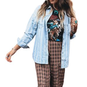 Sky Blue Striped Denim Shacket for Women – Casual Boyfriend Style with Chest Pocket - Main View