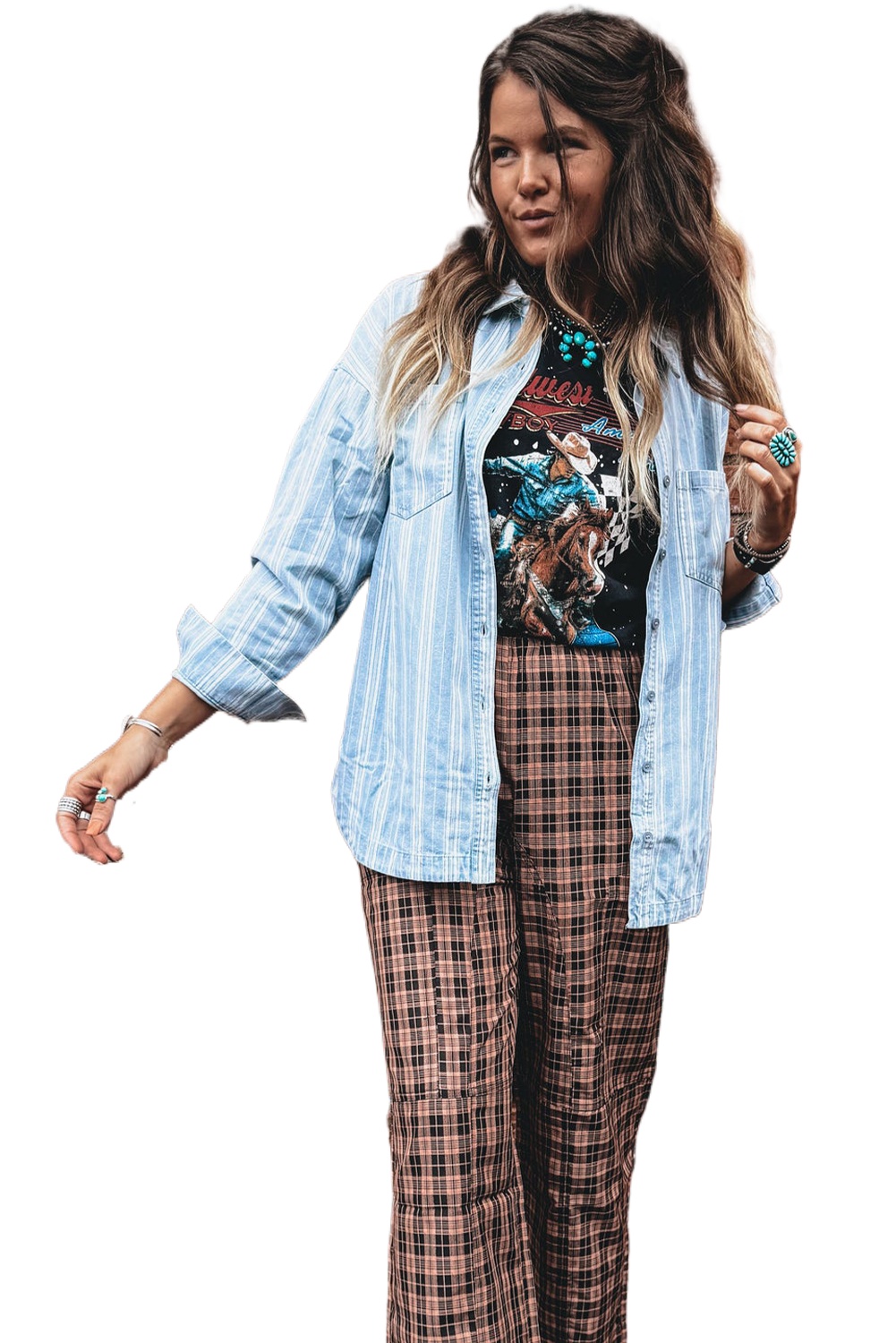 Sky Blue Striped Denim Shacket for Women – Casual Boyfriend Style with Chest Pocket - Main View Sky Blue Striped Denim Shacket for Women – Casual Boyfriend Style with Chest Pocket - Main View