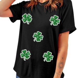 Women's Black Four Leaf Clover Graphic Crewneck Tee for St. Patrick's Day - Main View