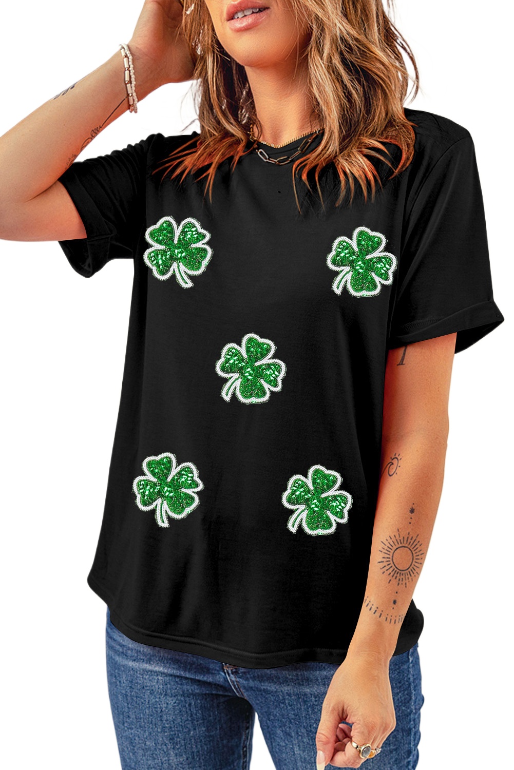 Women's Black Four Leaf Clover Graphic Crewneck Tee for St. Patrick's Day - Main View Women's Black Four Leaf Clover Graphic Crewneck Tee for St. Patrick's Day - Main View