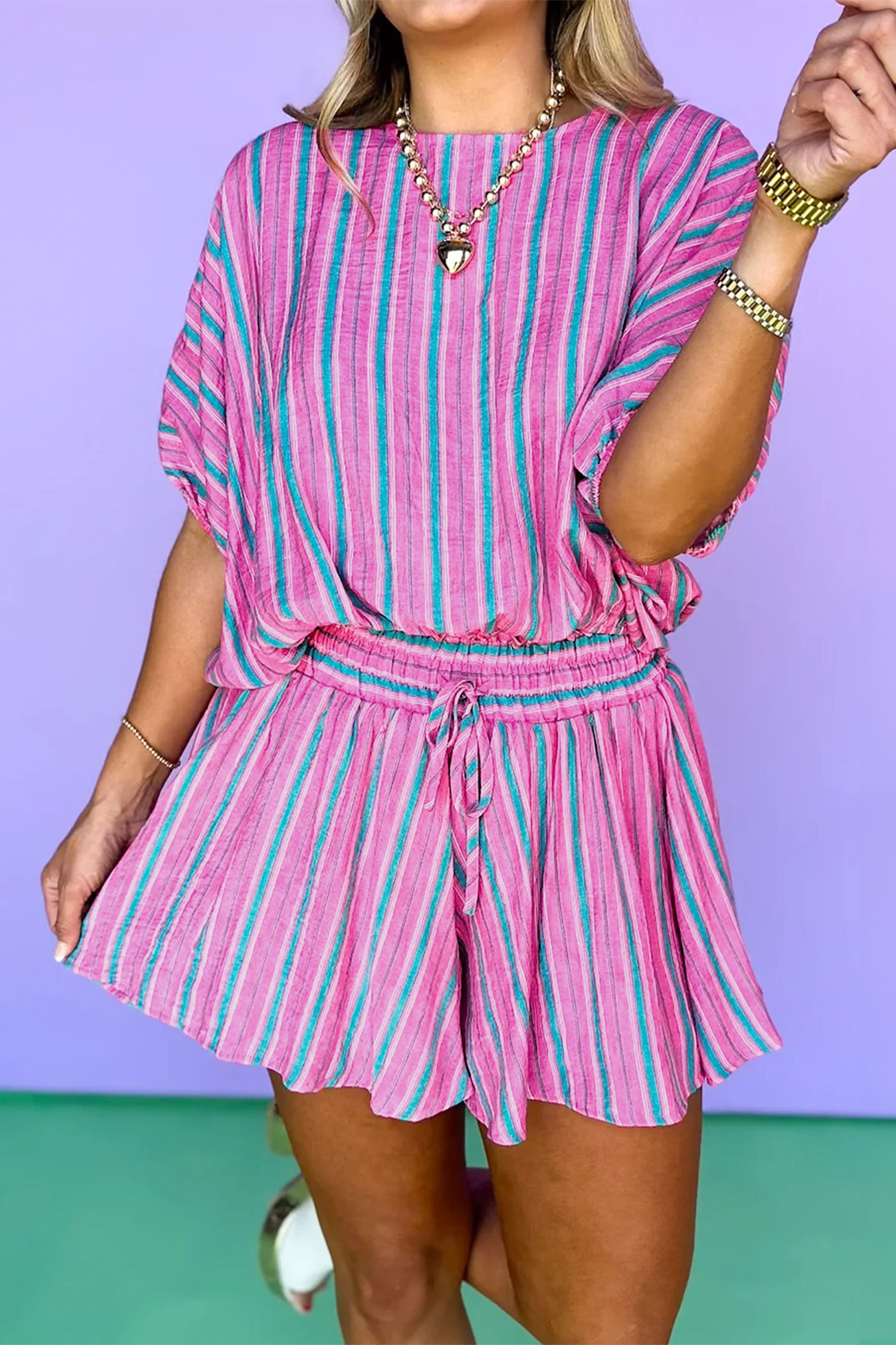 Casual Pink Stripe Summer Set for Adults – Viscose Blend Dolman Blouse & Elastic Waist Shorts, Everyday Style - Detail View 6 Casual Pink Stripe Summer Set for Adults – Viscose Blend Dolman Blouse & Elastic Waist Shorts, Everyday Style - Detail View 6
