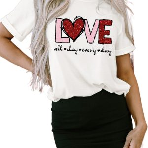 Women's White Valentine LOVE Heart Shape Crew Neck Graphic Tee - Main View