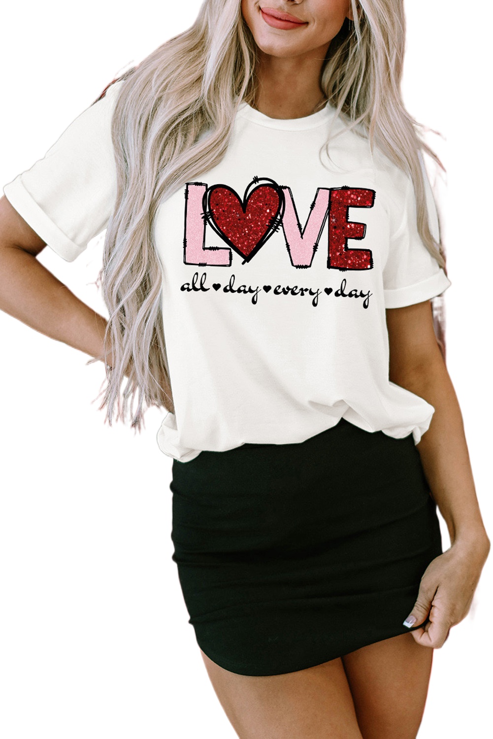 Women's White Valentine LOVE Heart Shape Crew Neck Graphic Tee - Main View Women's White Valentine LOVE Heart Shape Crew Neck Graphic Tee - Main View