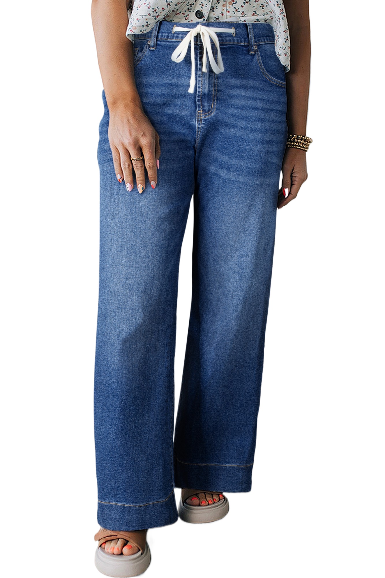 Plus Size Dark Blue Acid Wash Jeans with Contrast Lace-up – Casual Fit for Everyday Comfort - Main View Plus Size Dark Blue Acid Wash Jeans with Contrast Lace-up – Casual Fit for Everyday Comfort - Main View