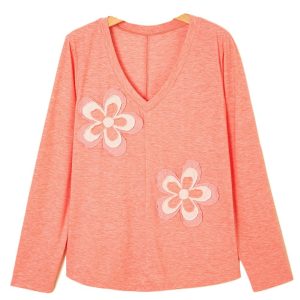 Women's Fresh Salmon Floral Patchwork V Neck Long Sleeve T-Shirt - Casual Chic Top - Main View