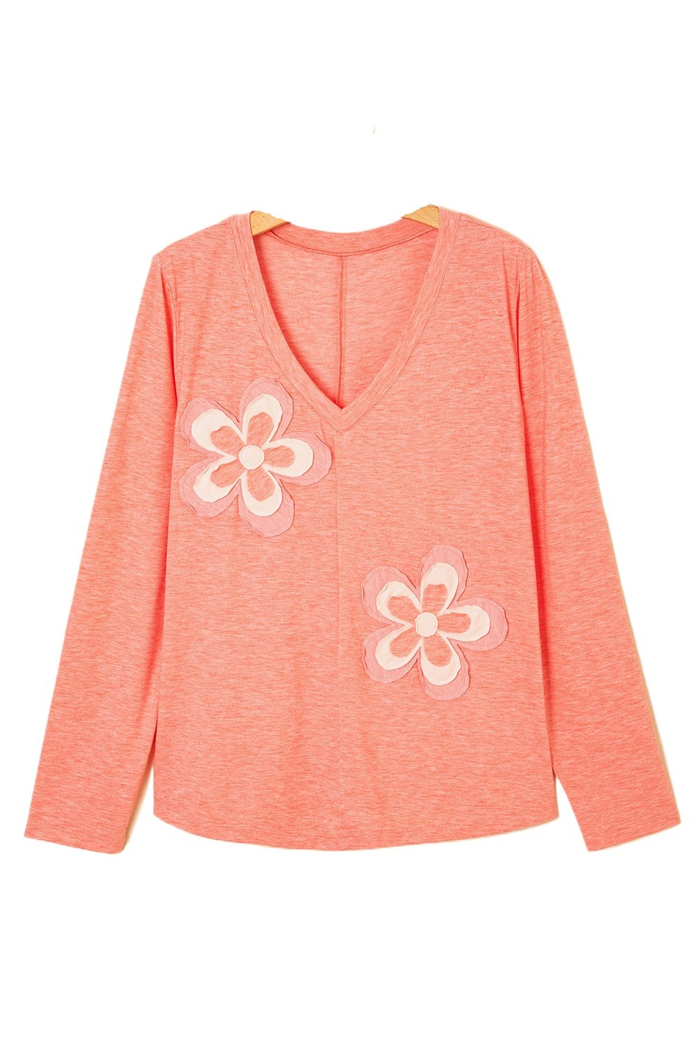 Women's Fresh Salmon Floral Patchwork V Neck Long Sleeve T-Shirt - Casual Chic Top - Main View Women's Fresh Salmon Floral Patchwork V Neck Long Sleeve T-Shirt - Casual Chic Top - Main View