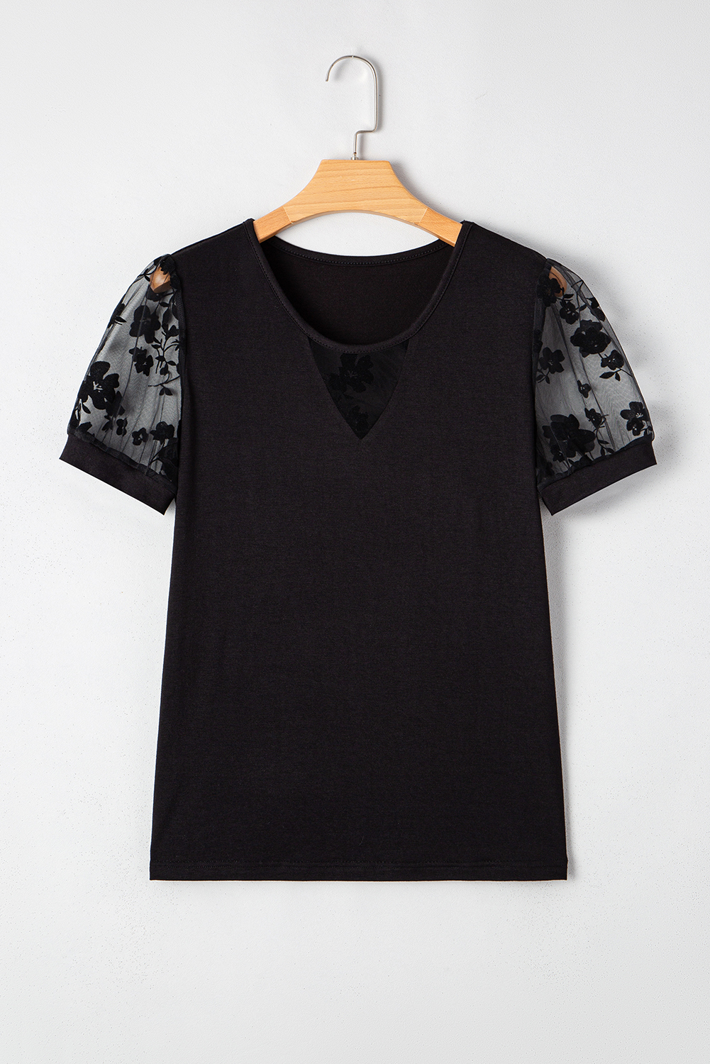 Flattering Black Crew Neck Tee - Elegant Design with Sheer Mesh Sleeves - Detail View 7 Flattering Black Crew Neck Tee - Elegant Design with Sheer Mesh Sleeves - Detail View 7