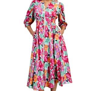Women's Floral Midi Dress – V Neck Zip Up Shift Dress with Shirred Waist, Casual Summer Vacation Style - Main View