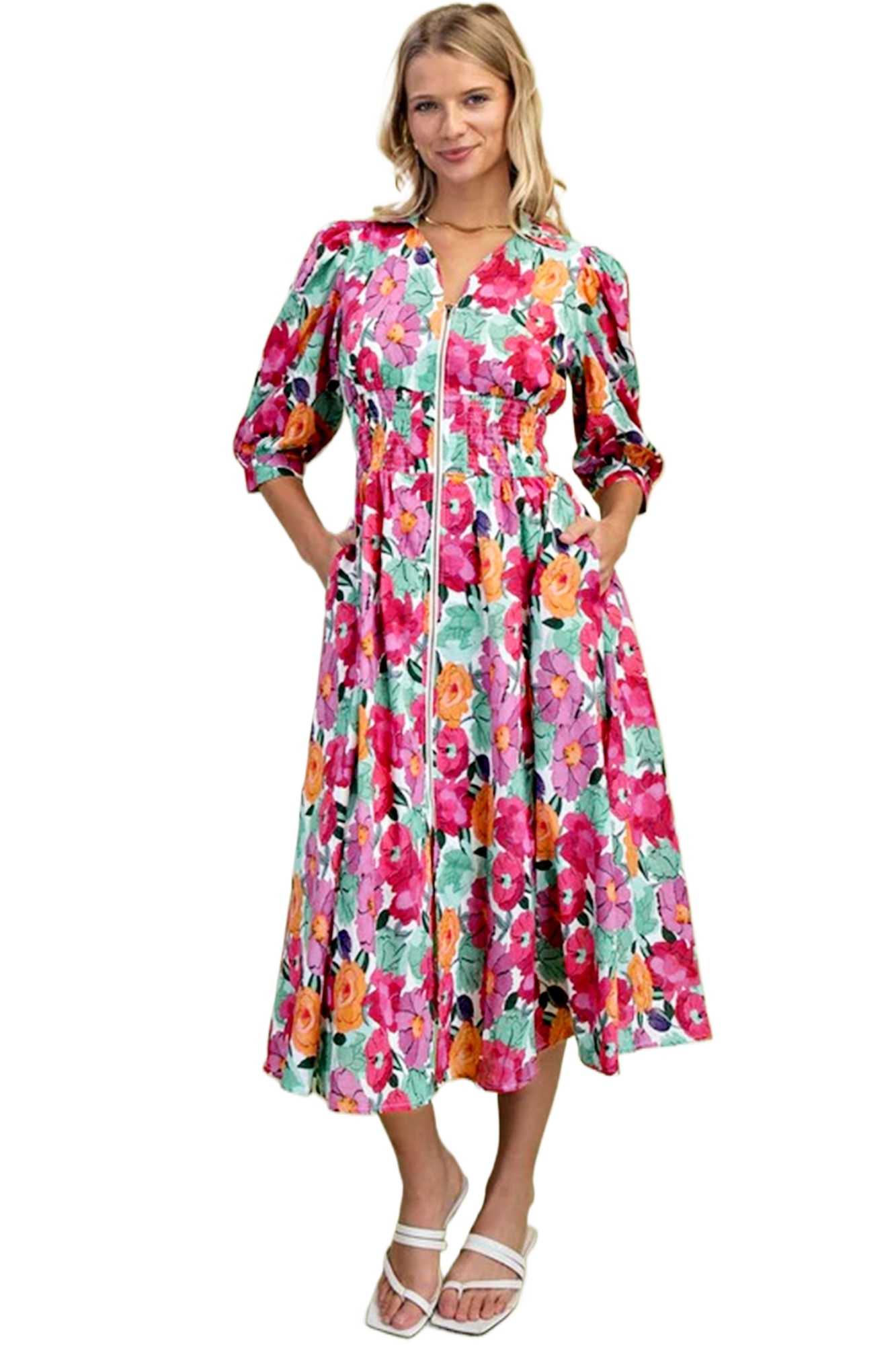 Women's Floral Midi Dress – V Neck Zip Up Shift Dress with Shirred Waist, Casual Summer Vacation Style - Main View Women's Floral Midi Dress – V Neck Zip Up Shift Dress with Shirred Waist, Casual Summer Vacation Style - Main View
