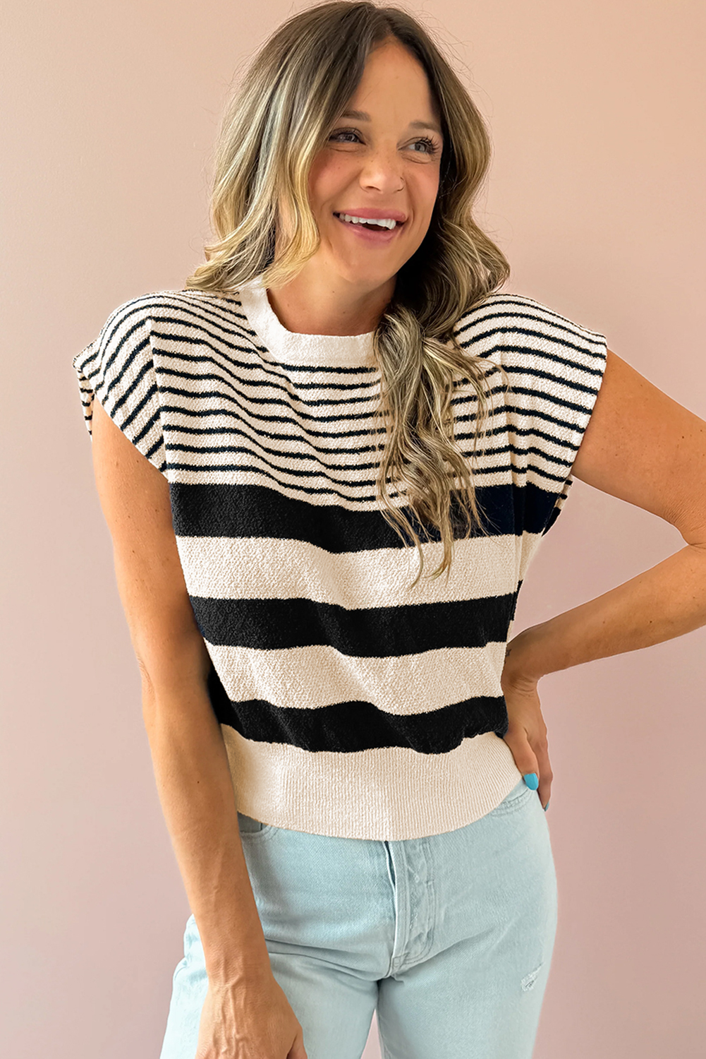 Women's Sweater Vest, Black and White, Striped Pattern, Sleeveless, Round Neck, Casual Style, Lightweight Knit, Summer Fashion, Elegant Design, Versatile Wardrobe Staple, Comfortable Material, Daily Wear, Nightclub Outfit, Trendy Top - Detail View 4 Women's Sweater Vest, Black and White, Striped Pattern, Sleeveless, Round Neck, Casual Style, Lightweight Knit, Summer Fashion, Elegant Design, Versatile Wardrobe Staple, Comfortable Material, Daily Wear, Nightclub Outfit, Trendy Top - Detail View 4