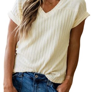 Women's Beige Twisted Texture Knit V Neck T Shirt – Casual Long Sleeve Top for Daily Wear - Main View