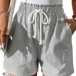 Women's Gray Striped Shorts – High Waist Casual Drawstring Summer Shorts with Pockets - Main View