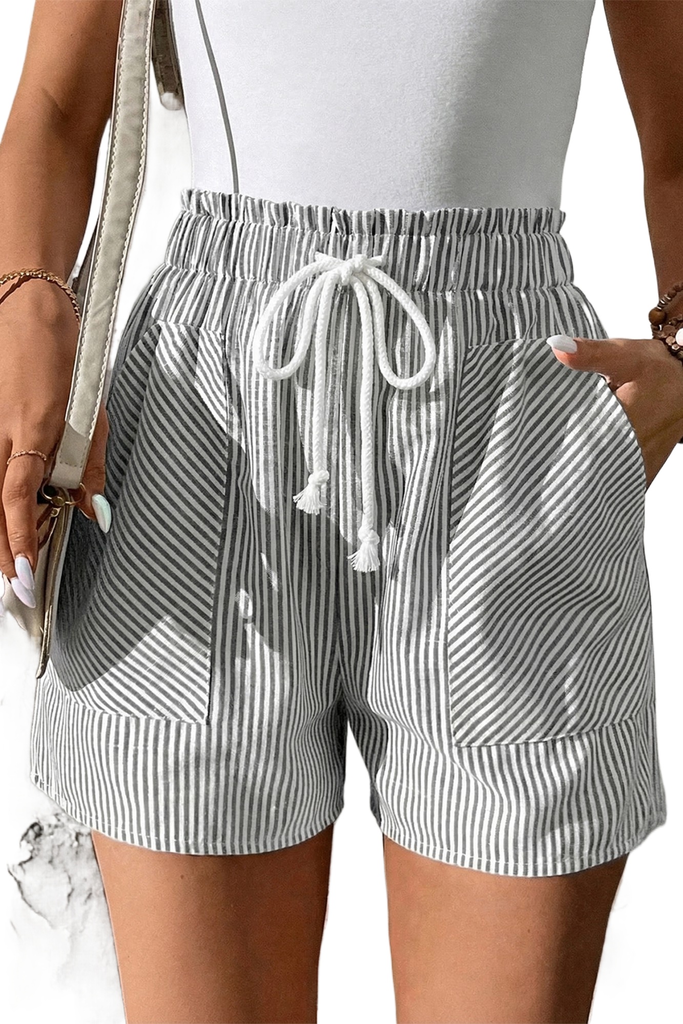 Women's Gray Striped Shorts – High Waist Casual Drawstring Summer Shorts with Pockets - Main View Women's Gray Striped Shorts – High Waist Casual Drawstring Summer Shorts with Pockets - Main View