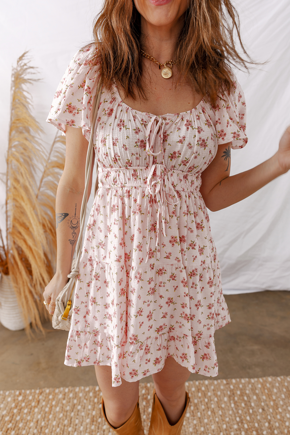 Casual Pink Floral Mini Dress for Women – Perfect for Daily Wear & Outdoor Fun - Detail View 11 Casual Pink Floral Mini Dress for Women – Perfect for Daily Wear & Outdoor Fun - Detail View 11