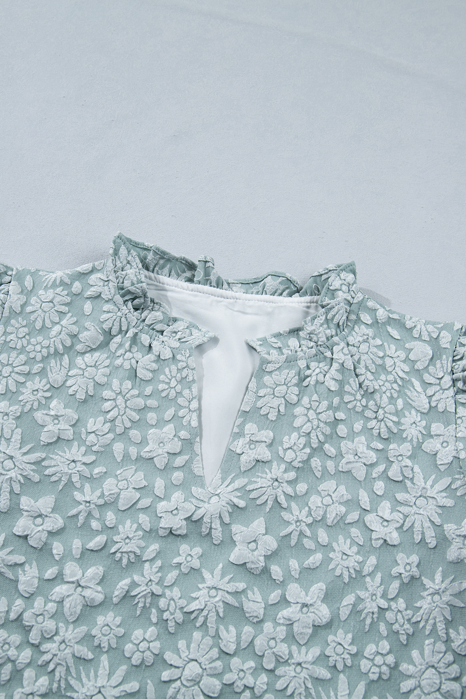Women's Iceland Blue Floral Jacquard Blouse – V Neck Puff Sleeve Textured Summer Top - Detail View 7 Women's Iceland Blue Floral Jacquard Blouse – V Neck Puff Sleeve Textured Summer Top - Detail View 7