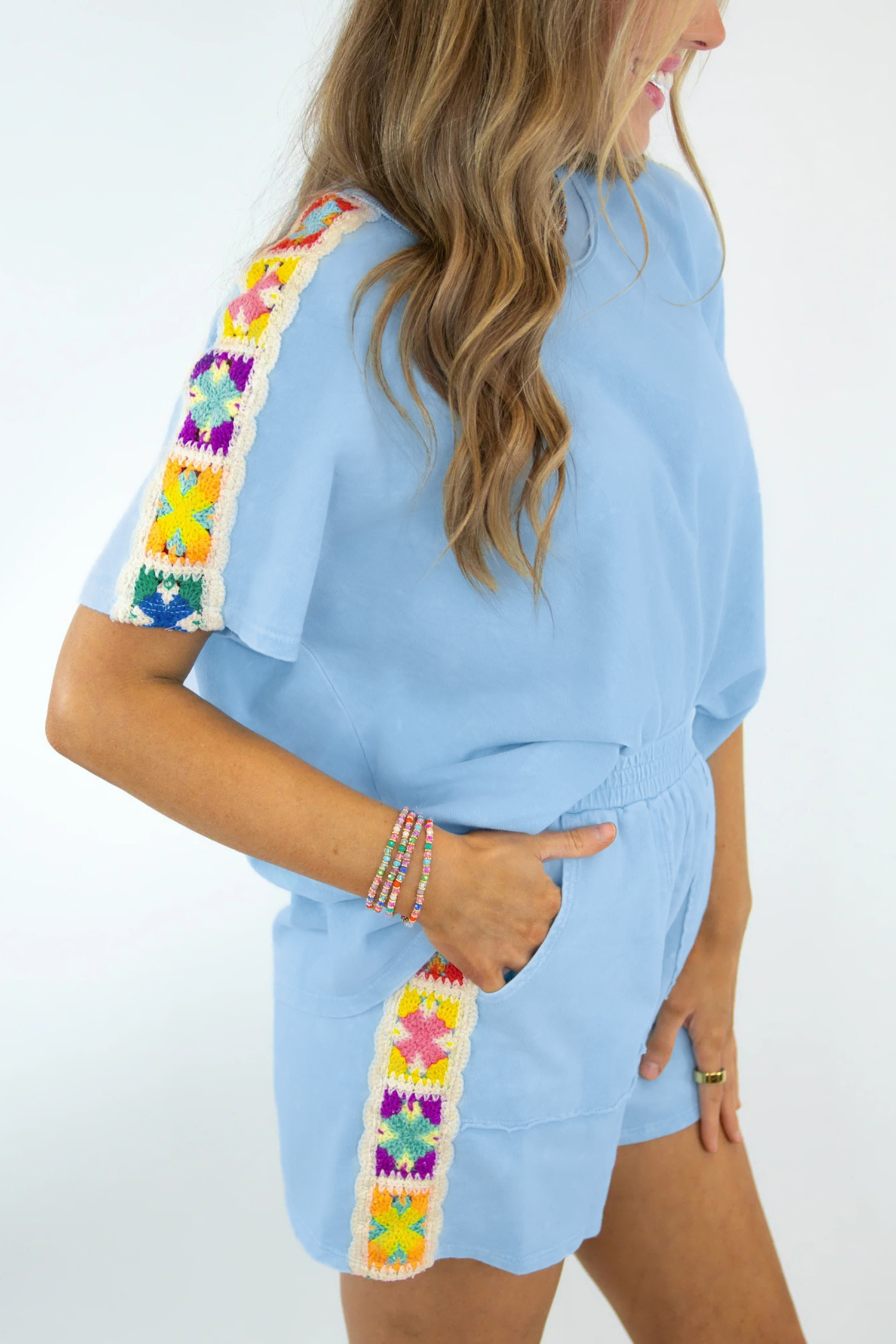 Southern Belle Crochet Granny Square Short Set – Women's Pastel Blue Two-Piece Summer Suit - Detail View 2 Southern Belle Crochet Granny Square Short Set – Women's Pastel Blue Two-Piece Summer Suit - Detail View 2