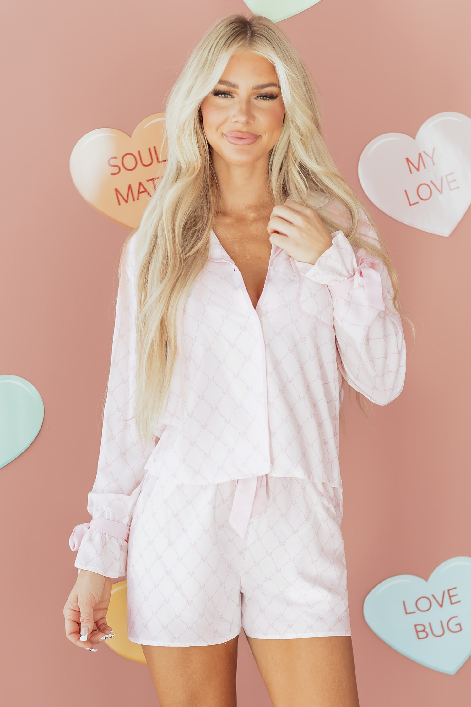 Charming Pink Bow Tie Lattice Pajama Set for Women – Perfect for Valentine's Day - Detail View 5 Charming Pink Bow Tie Lattice Pajama Set for Women – Perfect for Valentine's Day - Detail View 5