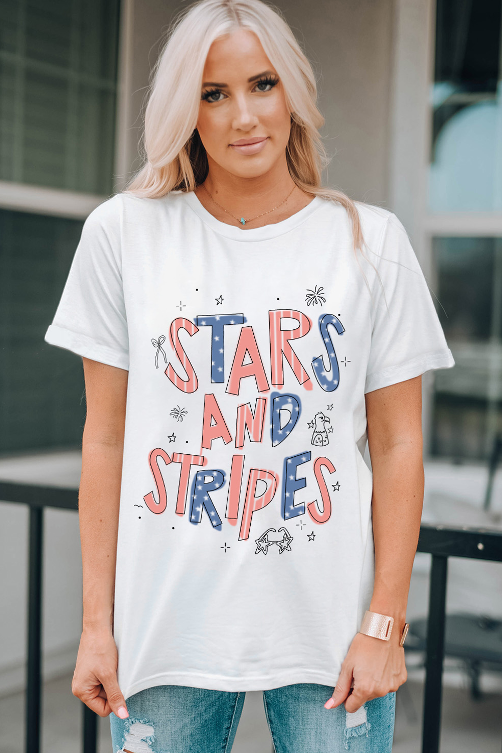 Casual Short Sleeve T-Shirt with Bold STARS AND STRIPES Print - Perfect for Patriotic Outfits - Detail View 6 Casual Short Sleeve T-Shirt with Bold STARS AND STRIPES Print - Perfect for Patriotic Outfits - Detail View 6