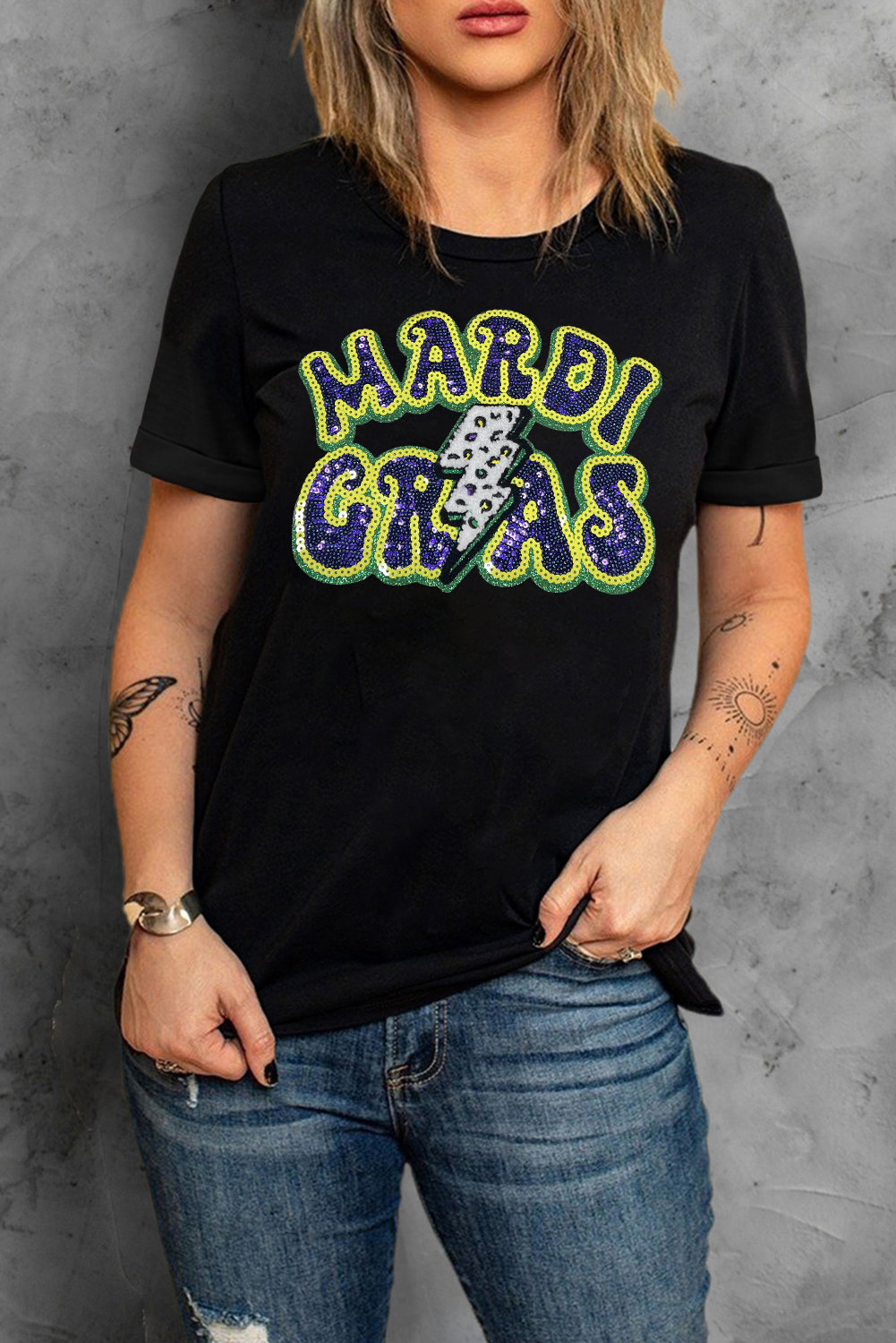 Women's Graphic Top, Black T-Shirt, MARDI GRAS Print, Lightning Graphic, Casual Style, Summer Wear, Short Sleeve, Round Neck, Comfortable Fit, Daily Wear, Playful Graphics, Vibrant Colors, Shift Silhouette, Trendy - Detail View 4 Women's Graphic Top, Black T-Shirt, MARDI GRAS Print, Lightning Graphic, Casual Style, Summer Wear, Short Sleeve, Round Neck, Comfortable Fit, Daily Wear, Playful Graphics, Vibrant Colors, Shift Silhouette, Trendy - Detail View 4