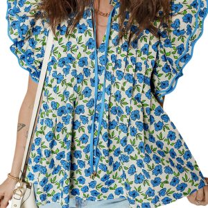Women's Sky Blue Floral Pleated Blouse – Casual Summer Top with Flutter Sleeves - Main View