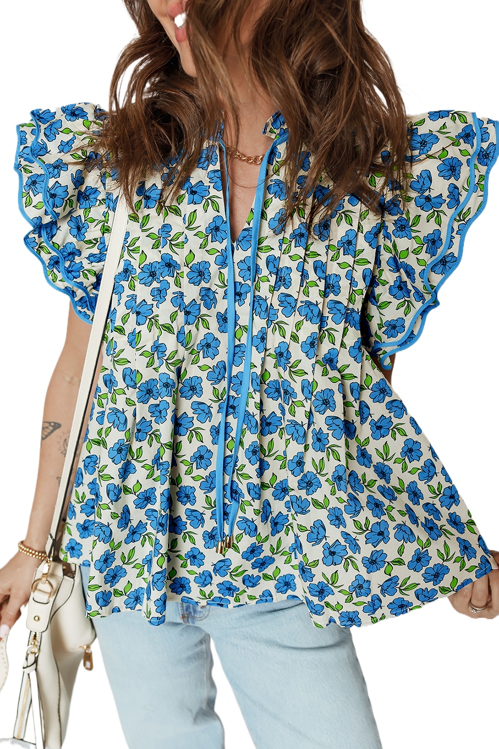 Women's Sky Blue Floral Pleated Blouse – Casual Summer Top with Flutter Sleeves - Main View Women's Sky Blue Floral Pleated Blouse – Casual Summer Top with Flutter Sleeves - Main View