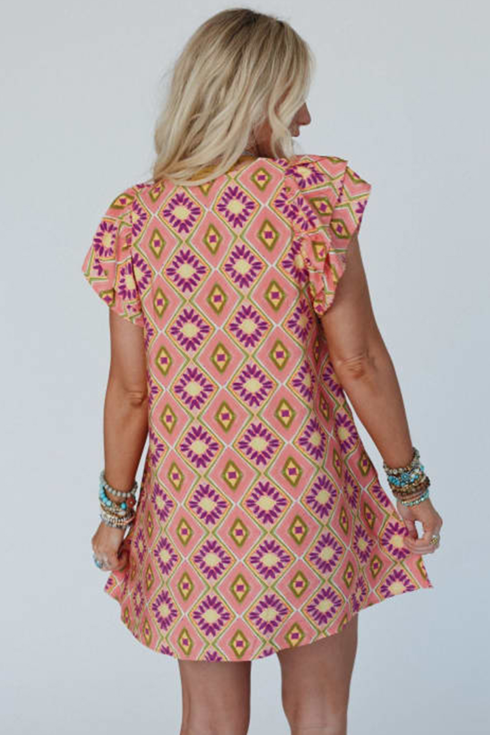 Chic Bohemian Style Orange Floral V Neck Buttoned Mini Dress - Detail View 10 Chic Bohemian Style Orange Floral V Neck Buttoned Mini Dress - Detail View 10