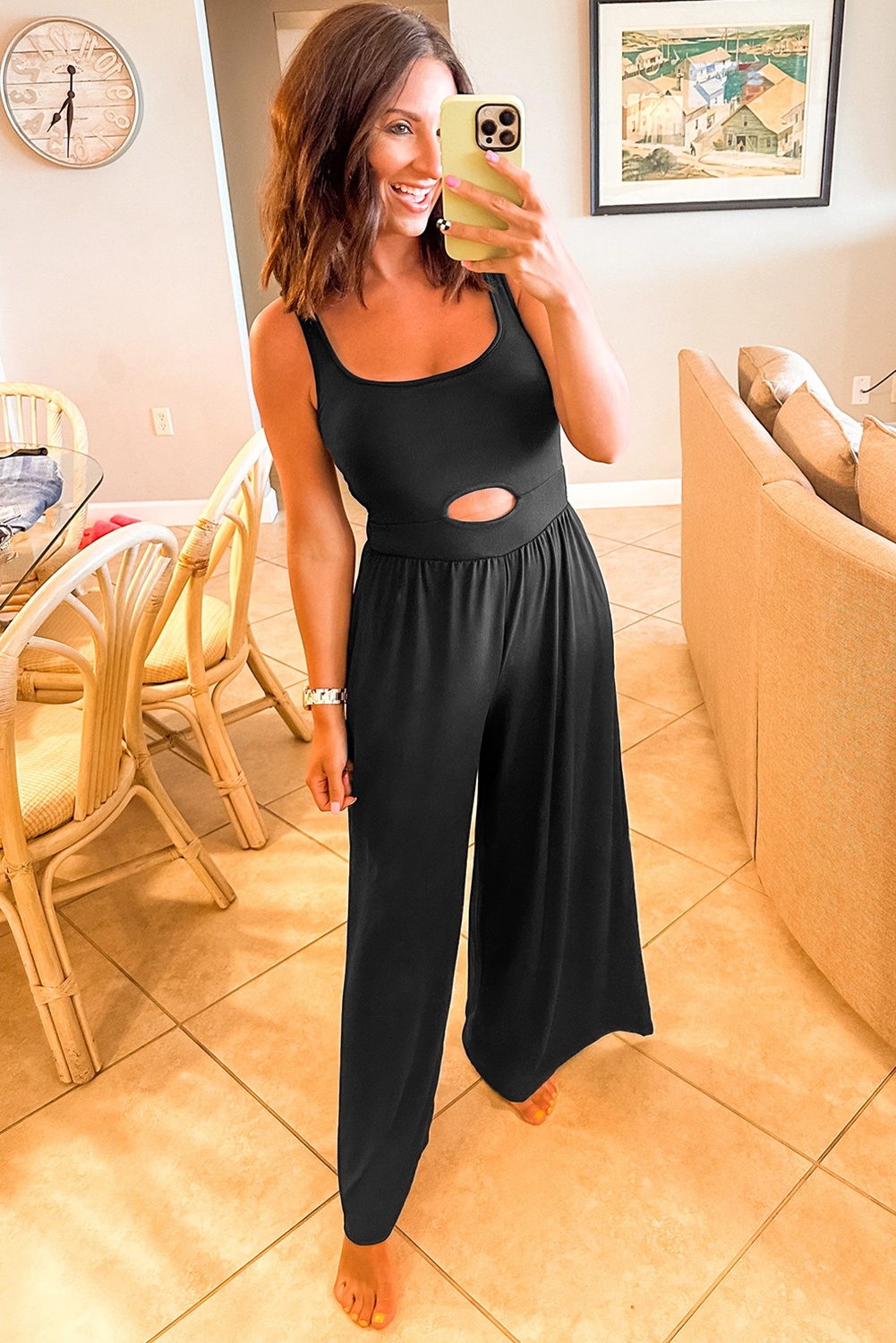 Women's Jumpsuit, Black Jumpsuit, Peekaboo Design, Wide Leg, Square Neck, Sleeveless, Casual Style, Summer Fashion, Comfortable Fit, Solid Pattern, Cut-Out Detail, Pocket, Natural Waist Line, Trendy Outfit, Daily Wear - Detail View 4 Women's Jumpsuit, Black Jumpsuit, Peekaboo Design, Wide Leg, Square Neck, Sleeveless, Casual Style, Summer Fashion, Comfortable Fit, Solid Pattern, Cut-Out Detail, Pocket, Natural Waist Line, Trendy Outfit, Daily Wear - Detail View 4