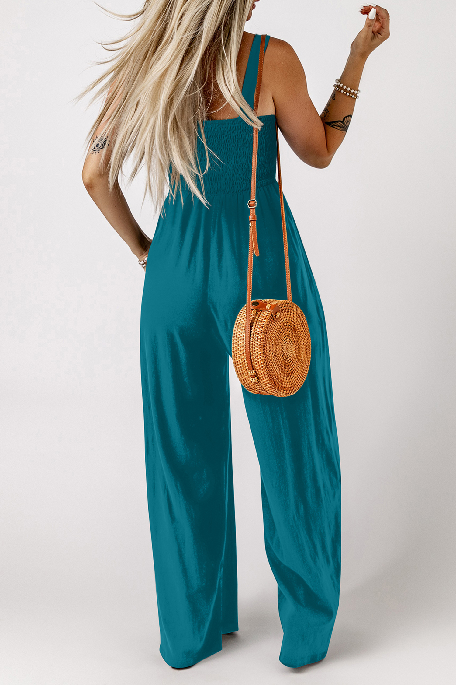 Chic Smocked Sleeveless Jumpsuit for Women – High Waist Peacock Blue Solid Color Romper, Summer Vacation Style - Detail View 2 Chic Smocked Sleeveless Jumpsuit for Women – High Waist Peacock Blue Solid Color Romper, Summer Vacation Style - Detail View 2
