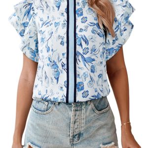 Women's Sky Blue Floral Print Ruffled Short Sleeve Blouse – Stylish Summer Top - Main View