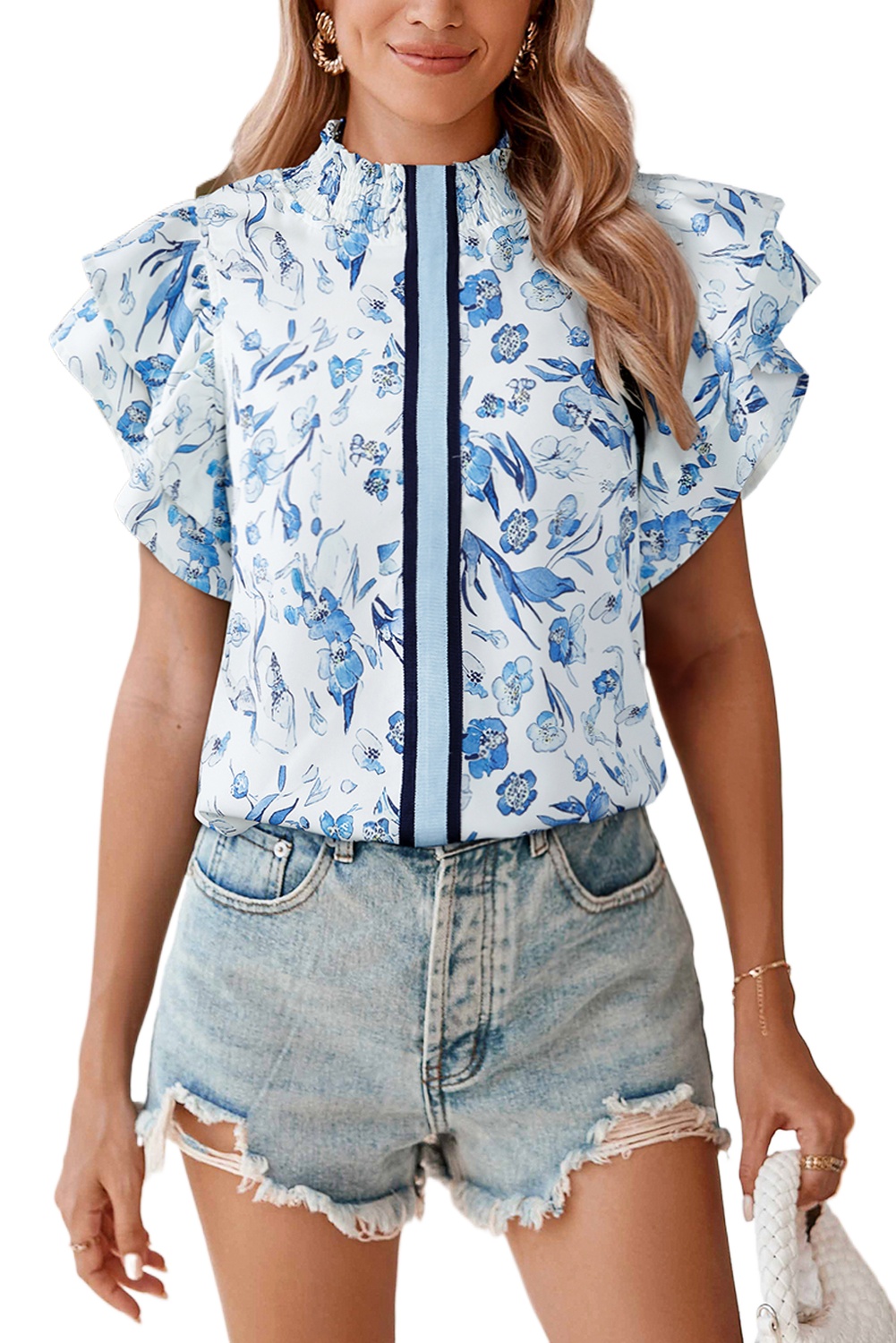 Women's Sky Blue Floral Print Ruffled Short Sleeve Blouse – Stylish Summer Top - Main View Women's Sky Blue Floral Print Ruffled Short Sleeve Blouse – Stylish Summer Top - Main View