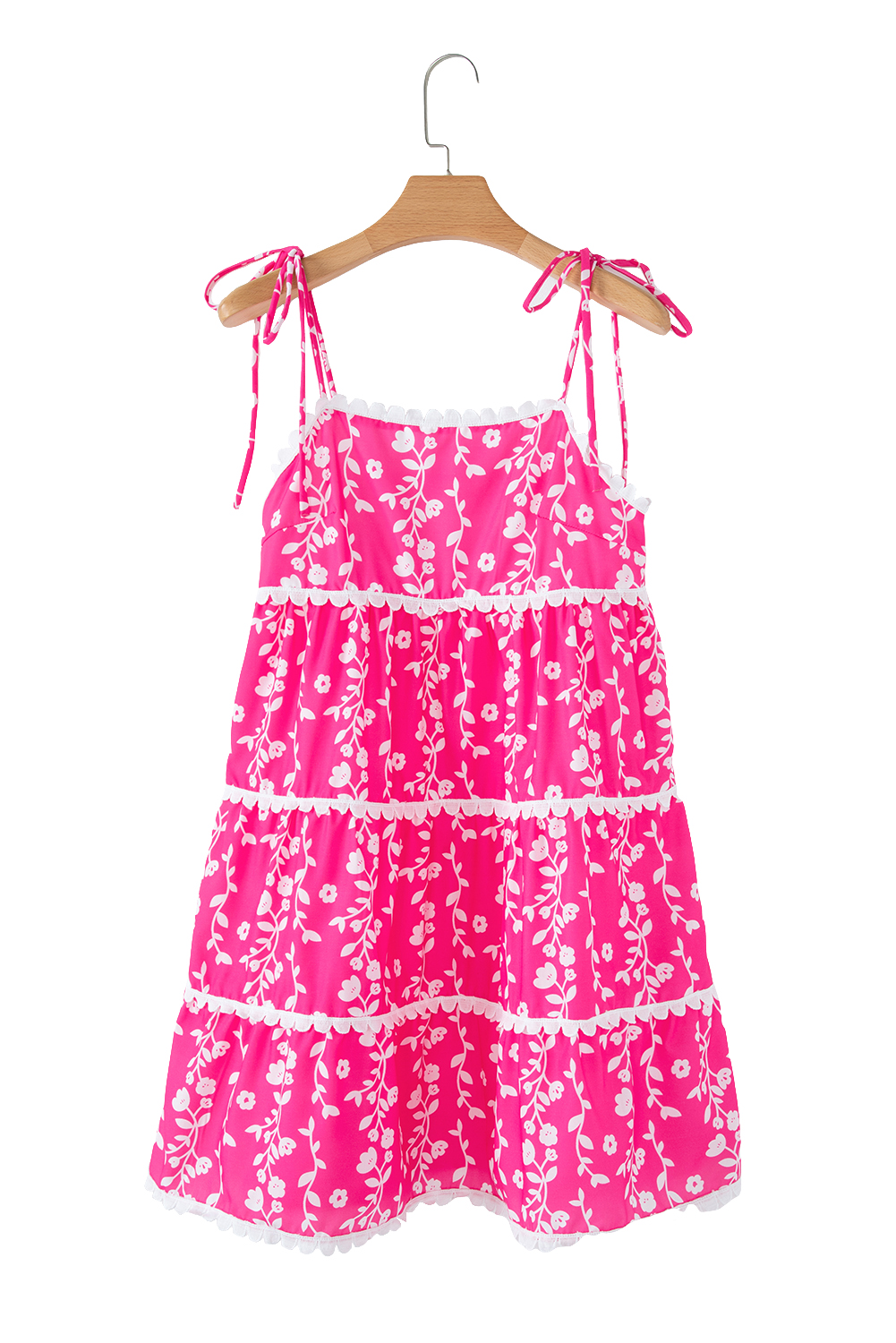 Women's Pink Floral Print Ric Rac Patched Sleeveless Mini Dress with Tie Shoulders - Detail View 21 Women's Pink Floral Print Ric Rac Patched Sleeveless Mini Dress with Tie Shoulders - Detail View 21