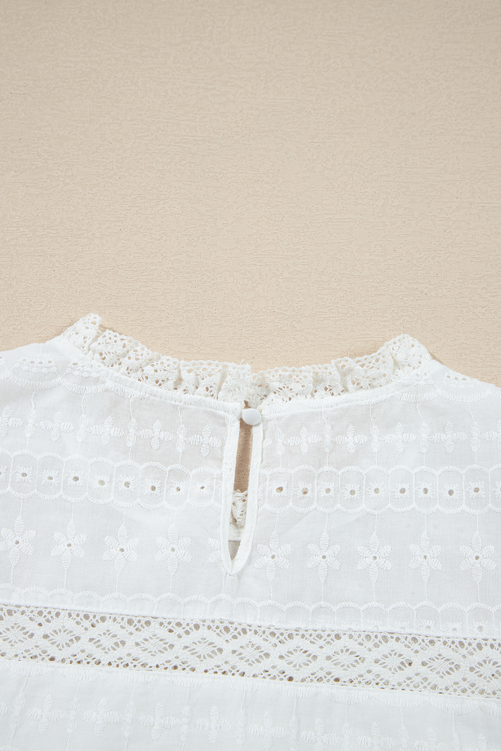 Women's White Lace Neckline Flutter Sleeve Blouse with Eyelet Details - Detail View 17 Women's White Lace Neckline Flutter Sleeve Blouse with Eyelet Details - Detail View 17
