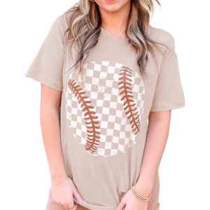 Women's Checkered Baseball Tee, Casual Graphic Summer Top - Main View