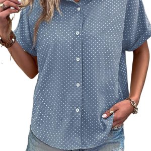 Women's Sky Blue Polka Dot Shirt – Short Sleeve Button Down Blouse for Office & Daily Wear - Main View