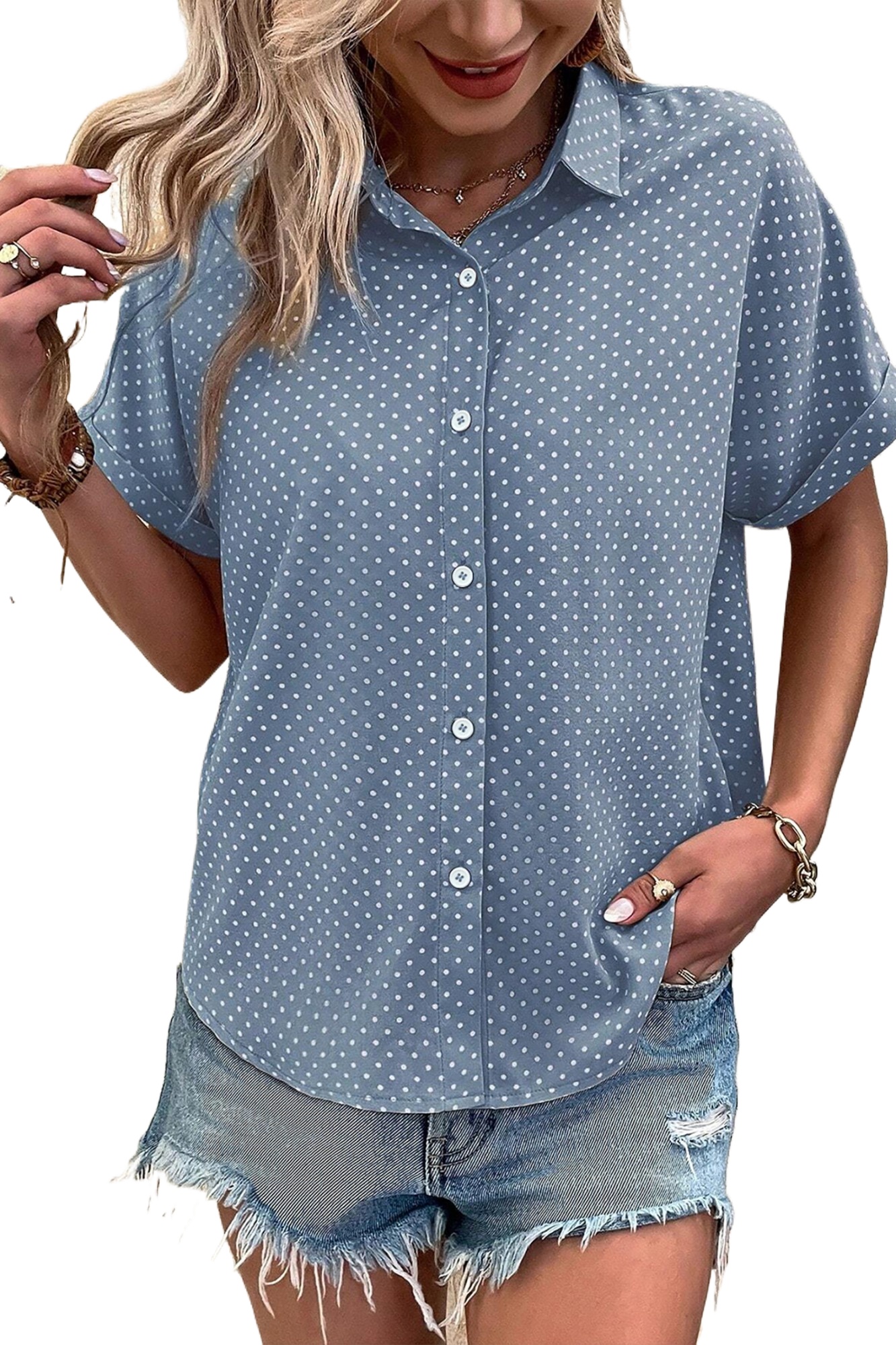 Women's Sky Blue Polka Dot Shirt – Short Sleeve Button Down Blouse for Office & Daily Wear - Main View Women's Sky Blue Polka Dot Shirt – Short Sleeve Button Down Blouse for Office & Daily Wear - Main View