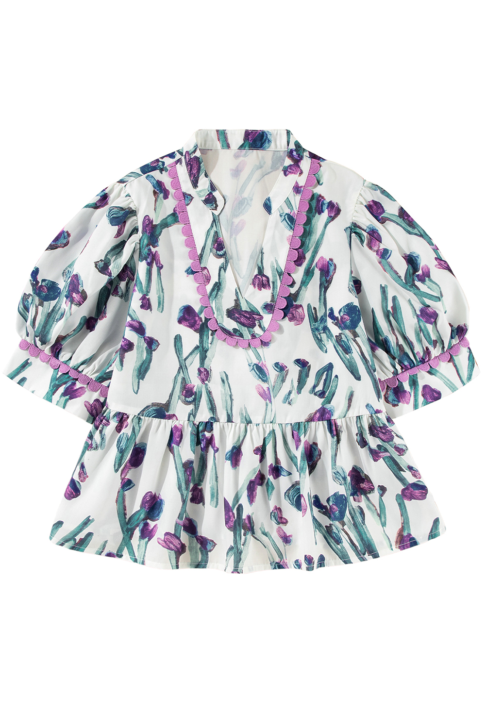 Women's Purple Floral Ricrac Trim Peplum Top with Puff Sleeves - Detail View 21 Women's Purple Floral Ricrac Trim Peplum Top with Puff Sleeves - Detail View 21