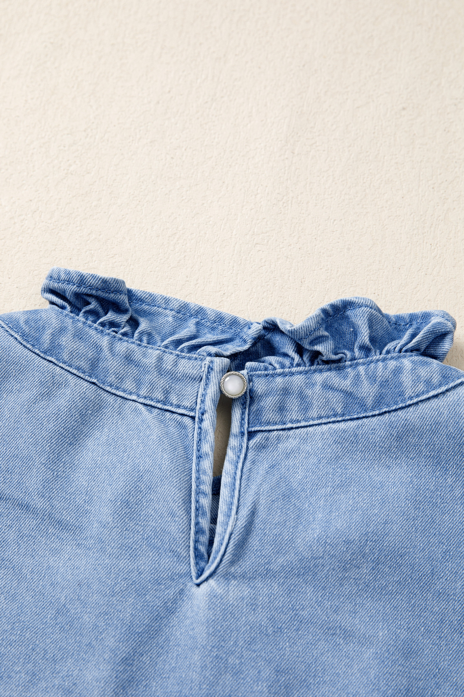 Women's Beau Blue Denim Top – Frilled Collar Flutter Sleeve Shirt, Casual Western Shift Blouse - Detail View 7 Women's Beau Blue Denim Top – Frilled Collar Flutter Sleeve Shirt, Casual Western Shift Blouse - Detail View 7