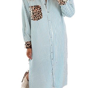 Women's Sky Blue Stripe Leopard Patchwork Long Shirt Dress – Stylish Casual Outfit for Daily Wear - Main View
