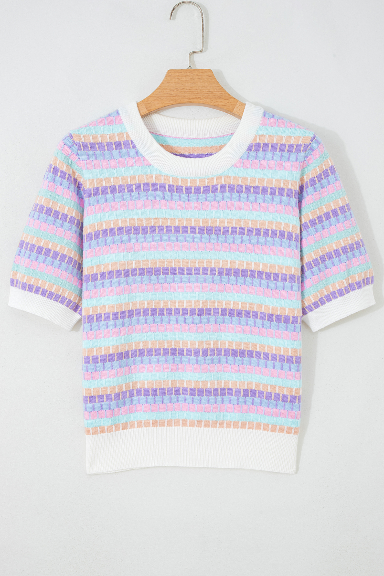 Chic Women's Short Sleeve Knit Top – Colorful Abstract Striped Design, Versatile Casual Summer Sweater - Detail View 3 Chic Women's Short Sleeve Knit Top – Colorful Abstract Striped Design, Versatile Casual Summer Sweater - Detail View 3