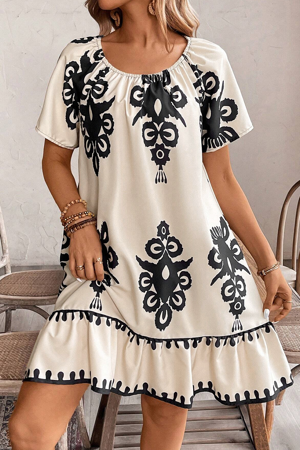 Stylish Bohemian Shift Dress with Elastic Round Neckline and Ruffled Hem - Detail View 6 Stylish Bohemian Shift Dress with Elastic Round Neckline and Ruffled Hem - Detail View 6