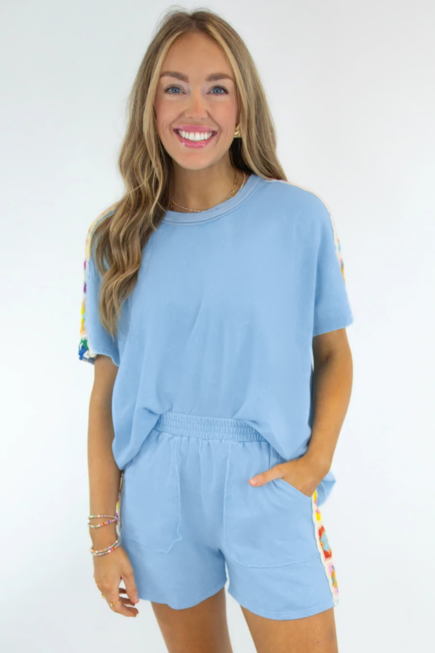 Southern Belle Crochet Granny Square Short Set – Women's Pastel Blue Two-Piece Summer Suit - Detail View 5 Southern Belle Crochet Granny Square Short Set – Women's Pastel Blue Two-Piece Summer Suit - Detail View 5