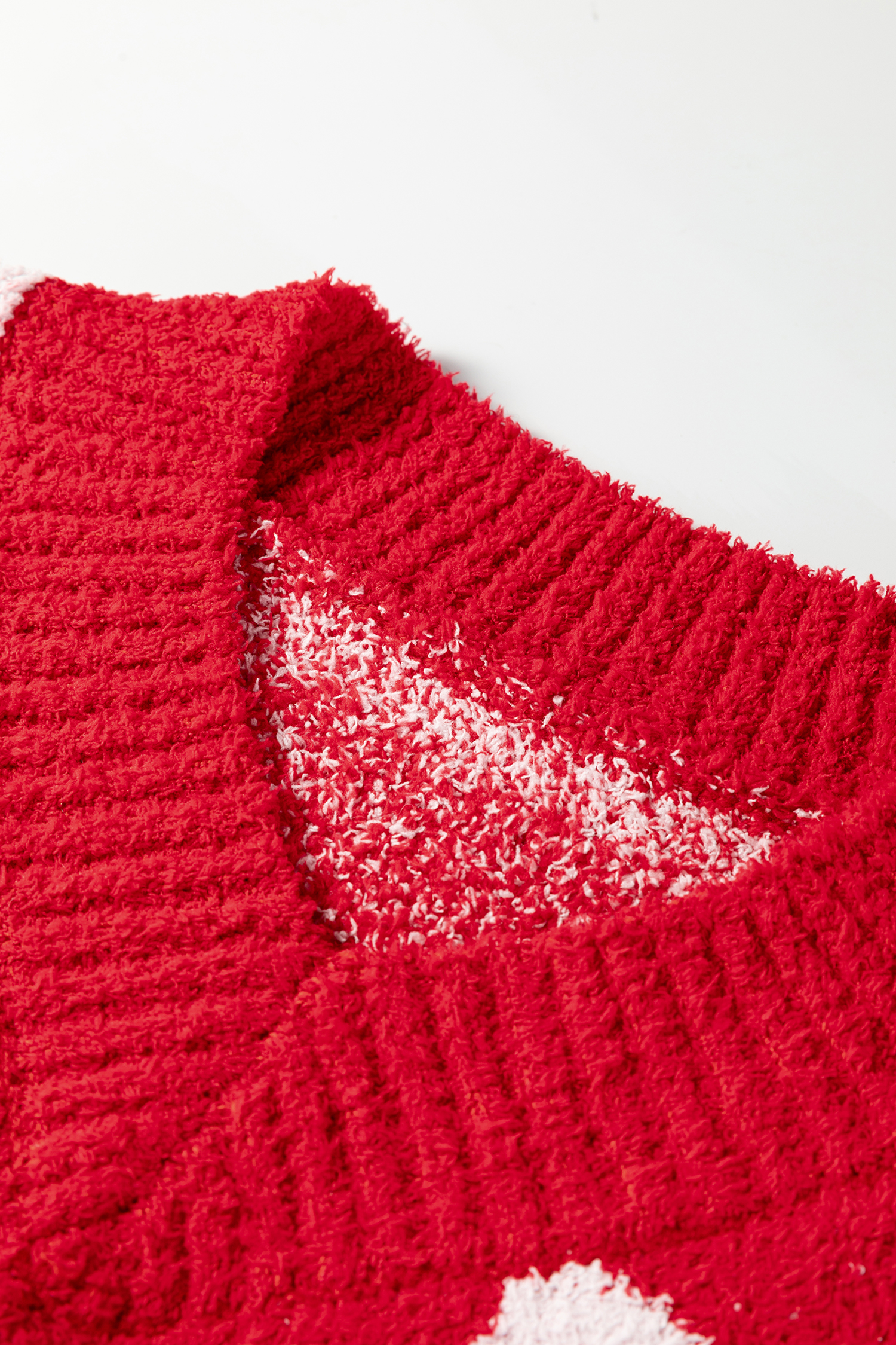 Women's Fiery Red V-Neck Checkered Knit Sweater with Heart Details - Detail View 7 Women's Fiery Red V-Neck Checkered Knit Sweater with Heart Details - Detail View 7