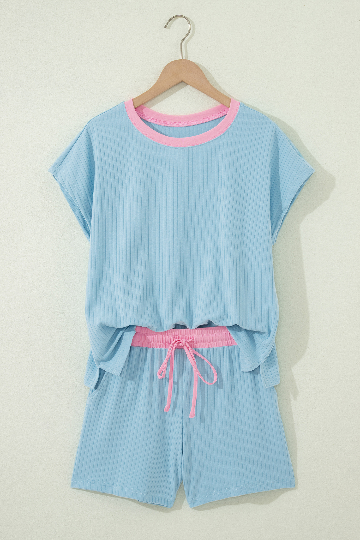 Summer Ribbed Lounge Set for Women - Short Sleeve Mist Blue Colorblock Top and High Waist Shorts - Detail View 2 Summer Ribbed Lounge Set for Women - Short Sleeve Mist Blue Colorblock Top and High Waist Shorts - Detail View 2